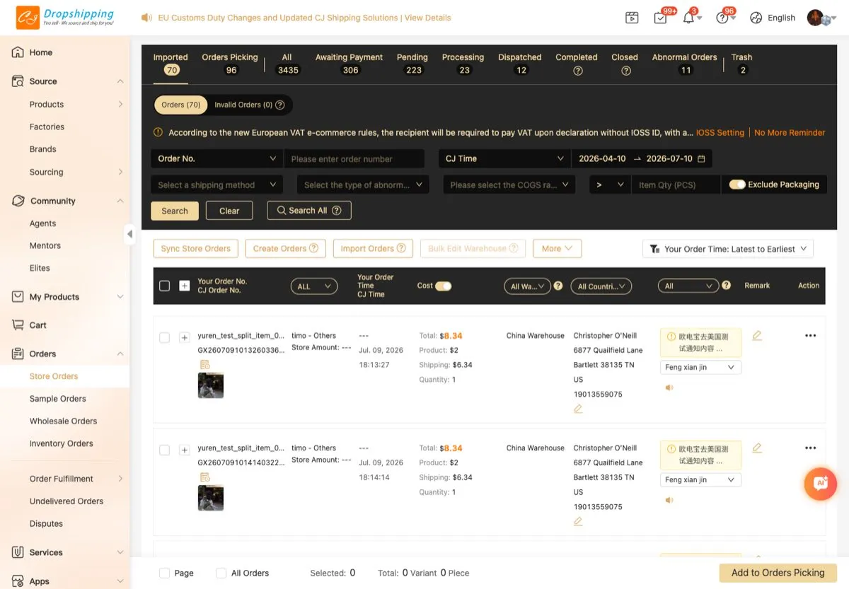 Import Orders entry