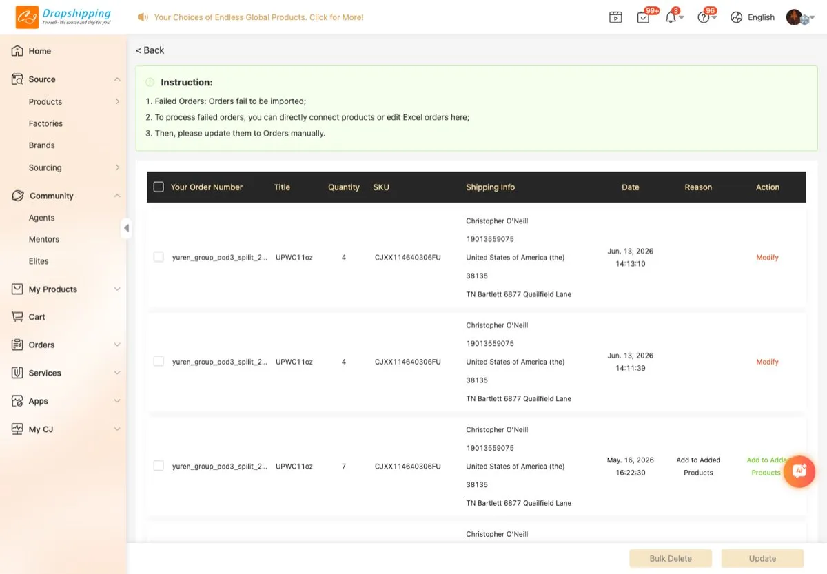 Failed order edit dialog