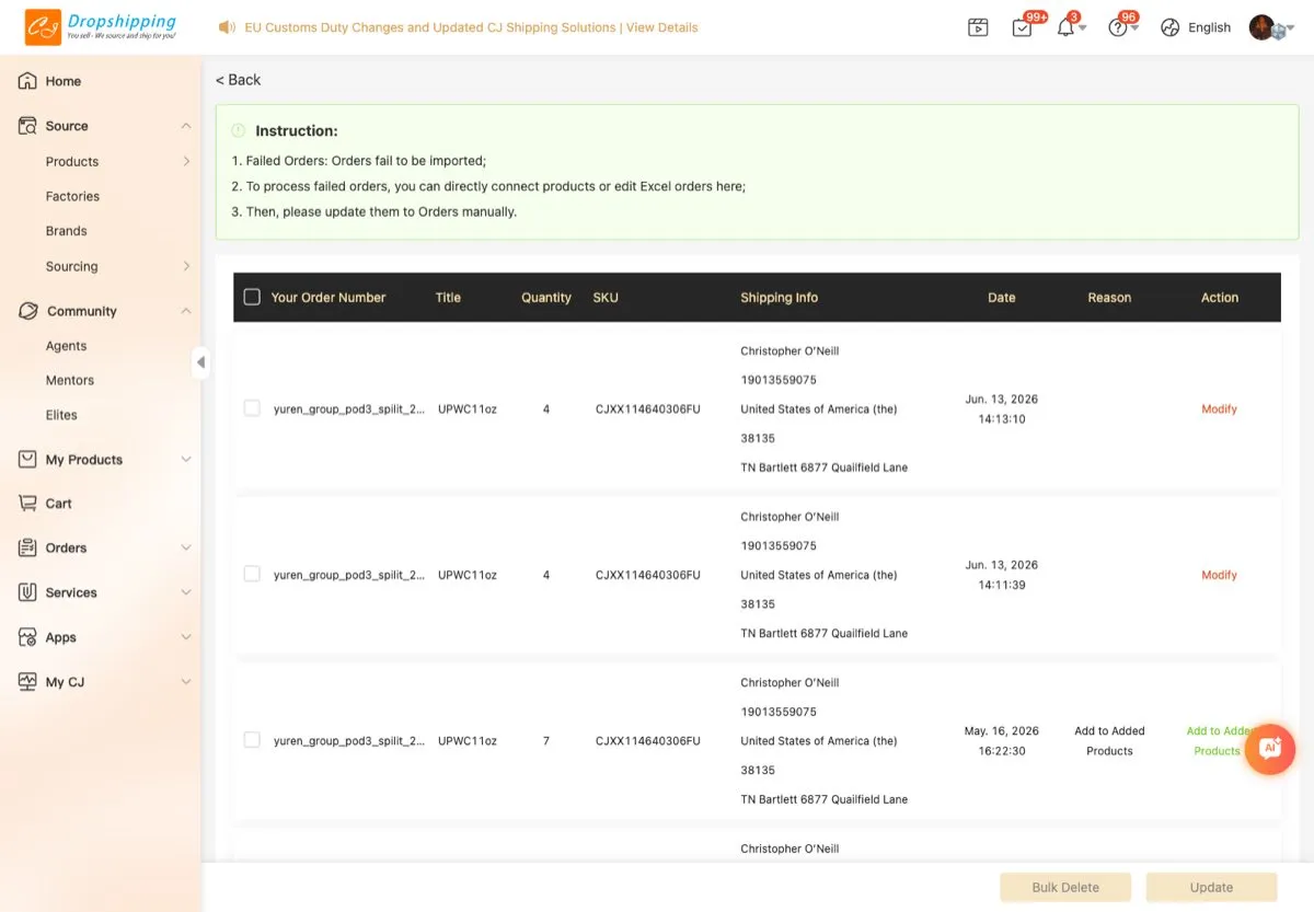 Failed Orders list