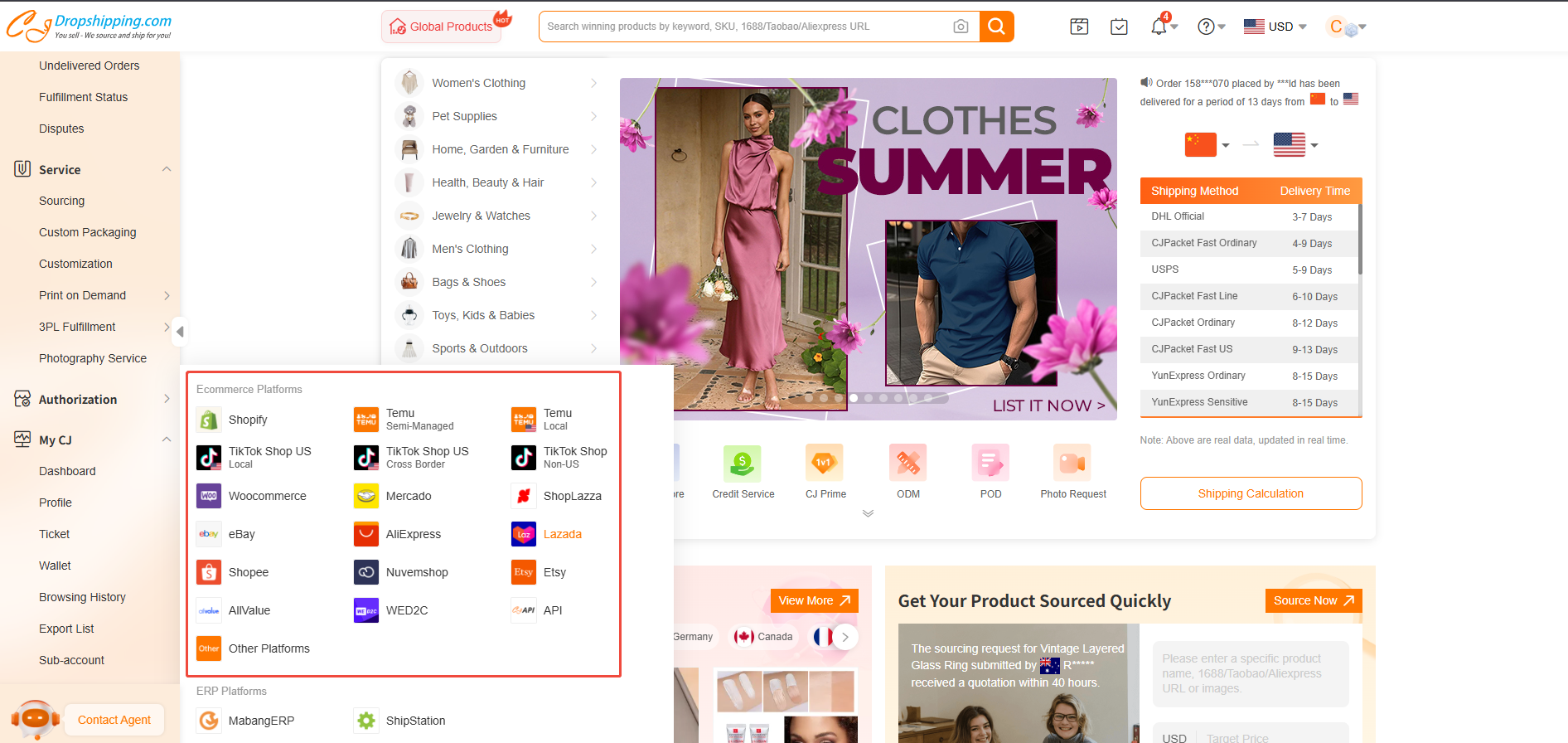CJdropshipping’s platform dashboard