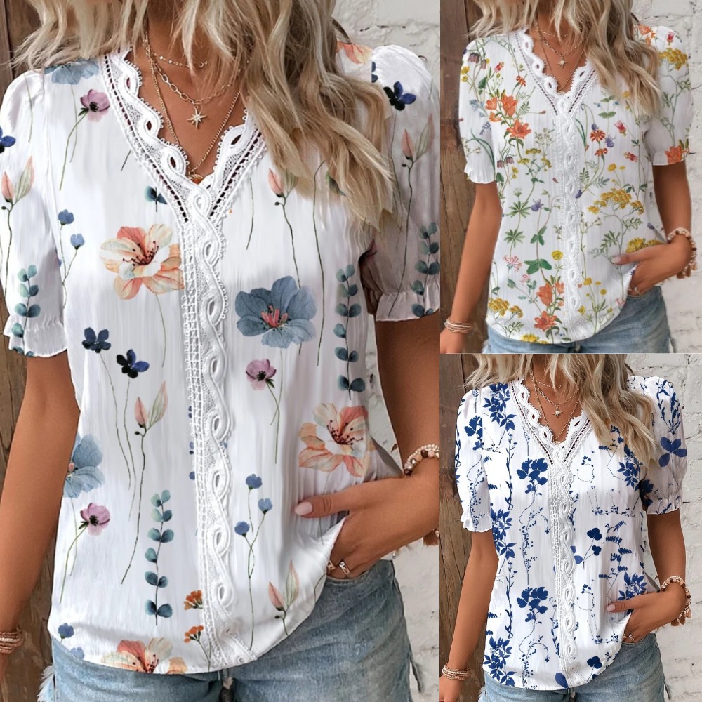 Summer V-neck Lace Stitching Printing Shirt For Women - CJdropshipping