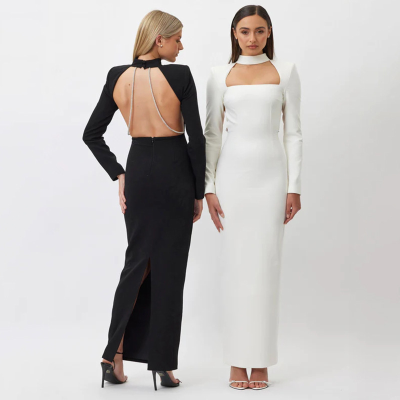 Sexy Fashionable Fitted Long Sleeve Rhinestone Backless Slit Long Dress - CJdropshipping